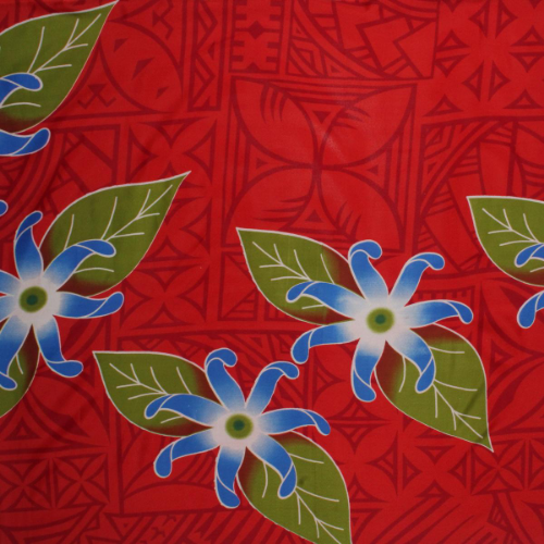 Red background with dark red Samoan design geometric patterns with blue flowers and green leaves on quick-dry polyester fabric