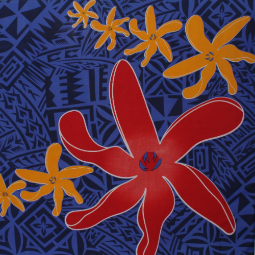 Blue Samoan tattoo design with red flowers and geometric patterns on quick-dry polyester fabric.