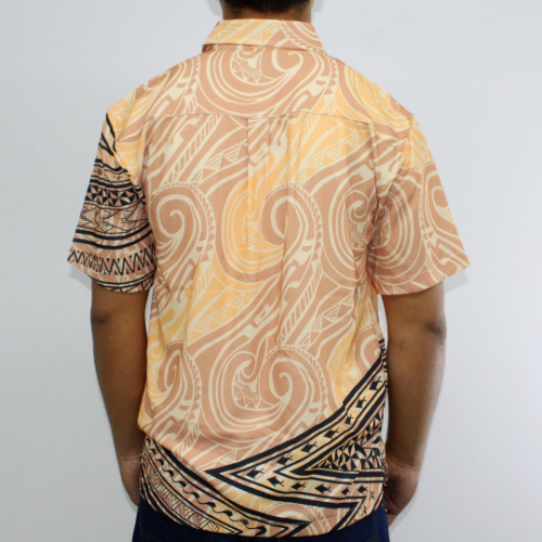 Samoan tattoo design men's button down shirt with pocket in geometric patterns black on cream apricot and blush tattoo print back side 100% polyester