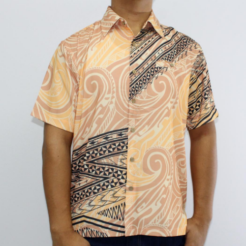 Samoan tattoo design men's button down shirt with pocket in geometric patterns black on cream apricot and blush tattoo print front side 100% polyester