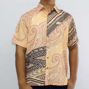 Samoan tattoo design men's button down shirt with pocket in geometric patterns black on cream apricot and blush tattoo print front side 100% polyester