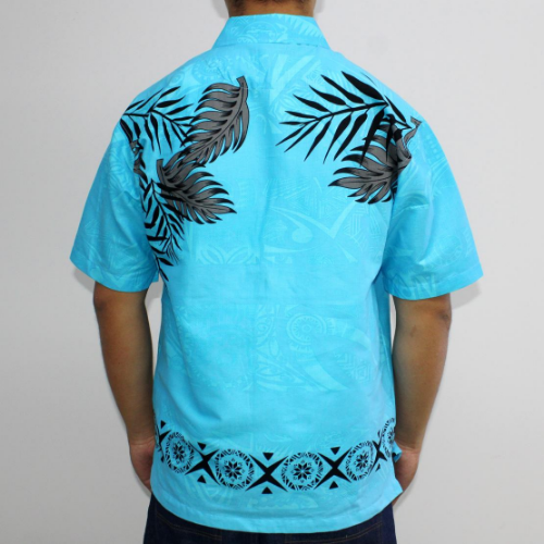 Samoan tattoo design men's button down shirt with pocket black and grey fern leaves on blue tattoo print back side 100% polyester
