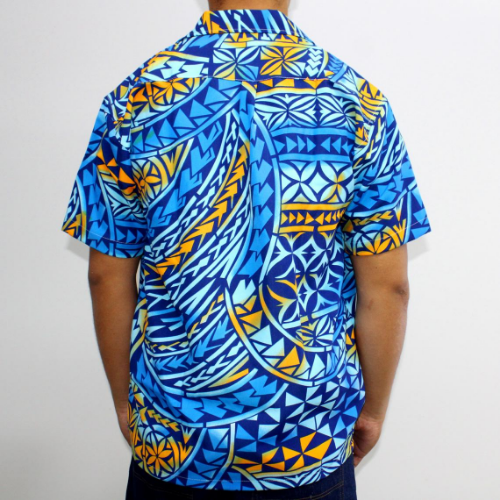 Samoan tattoo design men's button down shirt with pocket in geometric patterns orange and blue gradient on dark blue back side 100% polyester