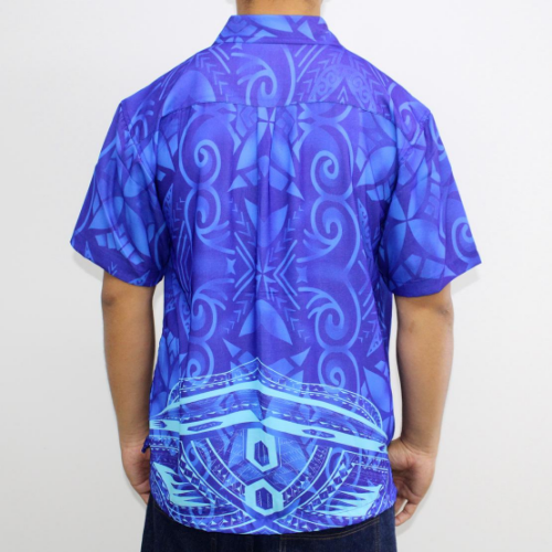 Samoan tattoo design men's button down shirt with pocket in geometric patterns turquoise on blue back side 100% polyester