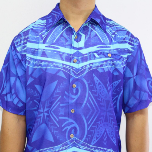 Samoan tattoo design men's button down shirt with pocket in geometric patterns turquoise on blue closeup view 100% polyester