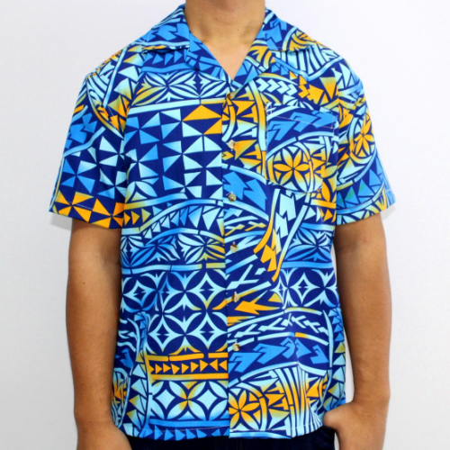 Samoan tattoo design men's button down shirt with pocket in geometric patterns orange and blue gradient on dark blue front side 100% polyester