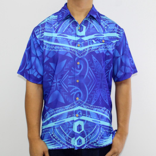 Samoan tattoo design men's button down shirt with pocket in geometric patterns turquoise on blue front side 100% polyester