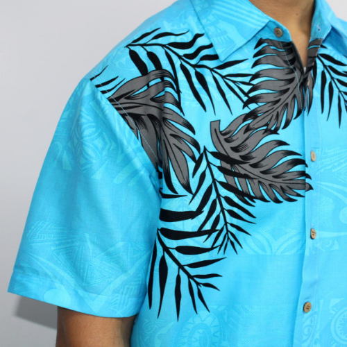 Samoan tattoo design men's button down shirt with pocket black and grey fern leaves on blue tattoo print closeup view 100% polyester