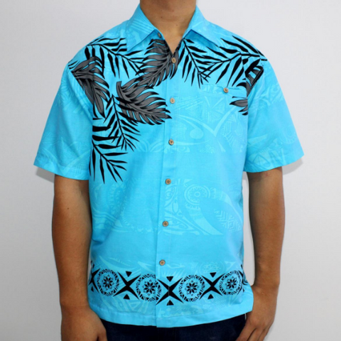 Samoan tattoo design men's button down shirt with pocket black and grey fern leaves on blue tattoo print front side 100% polyester