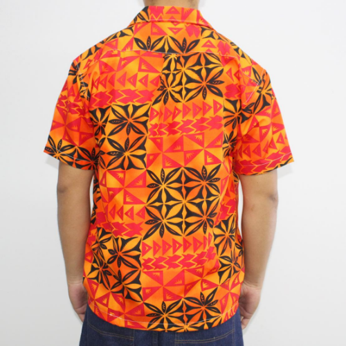 Samoan tattoo design men's button down shirt with pocket in geometric patterns black and red on orange gradient back side 100% polyester