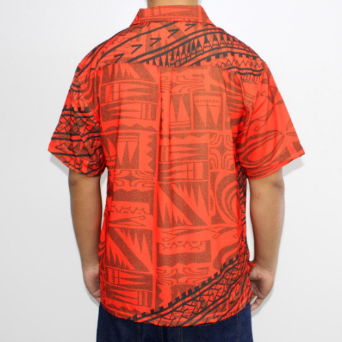 Samoan tattoo design men's button down shirt with pocket in geometric patterns black on orange back side 100% polyester