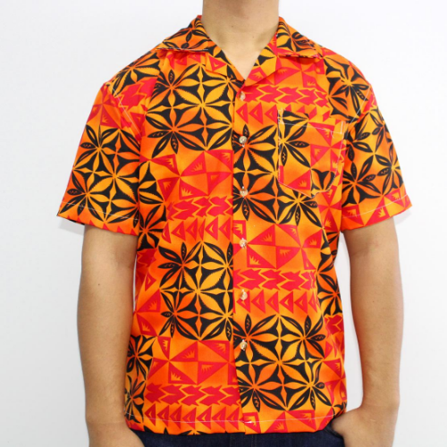 Samoan tattoo design men's button down shirt with pocket in geometric patterns black and red on orange gradient front side 100% polyester