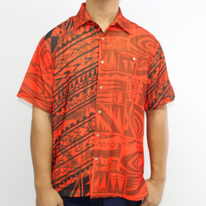 Samoan tattoo design men's button down shirt with pocket in geometric patterns black on orange front side 100% polyester
