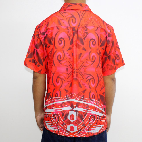 Samoan tattoo design men's button down shirt with pocket in geometric patterns grey tattoo print on red gradient patterns back side 100% polyester