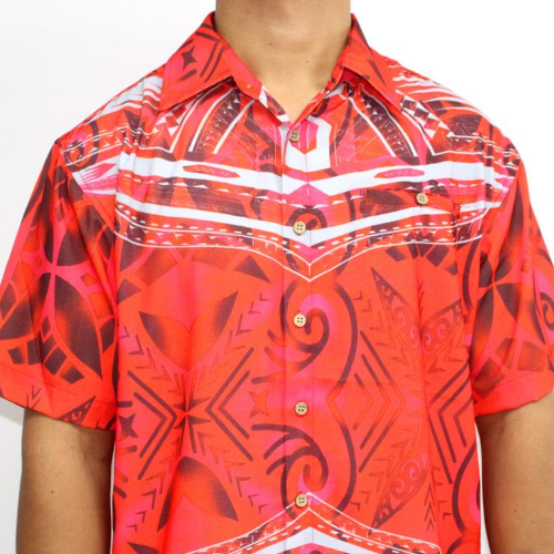 Samoan tattoo design men's button down shirt with pocket in geometric patterns grey tattoo print on red gradient patterns closeup view 100% polyester