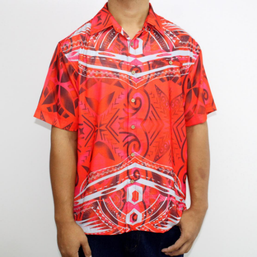 Samoan tattoo design men's button down shirt with pocket in geometric patterns grey tattoo print on red gradient patterns front side 100% polyester
