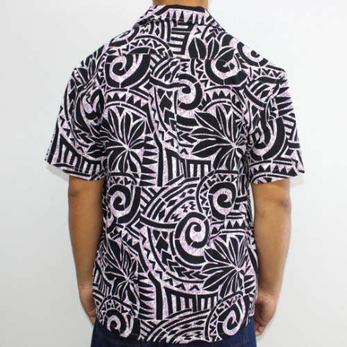 Samoan tattoo design men's button down shirt with pocket in geometric patterns purple on black back side 100% polyester