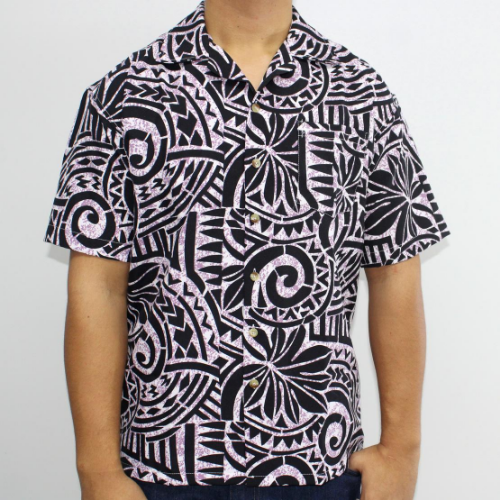 Samoan tattoo design men's button down shirt with pocket in geometric patterns purple on black front side 100% polyester 