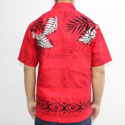 Samoan tattoo design men's button down shirt with pocket black and grey fern leaves on red tattoo print back side 100% polyester