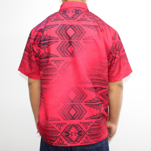 Samoan tattoo design men's button down shirt with pocket black gradient tattoo print on red back side 100% polyester