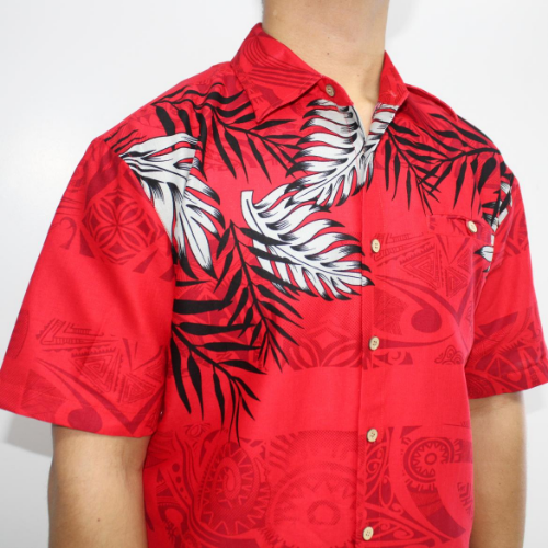 Samoan tattoo design men's button down shirt with pocket black and grey fern leaves on red tattoo print closeup view 100% polyester