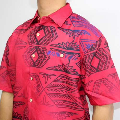Samoan tattoo design men's button down shirt with pocket black gradient tattoo print on red closeup view 100% polyester