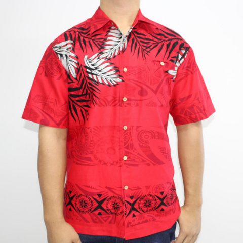 Samoan tattoo design men's button down shirt with pocket black and grey fern leaves on red tattoo print front side 100% polyester