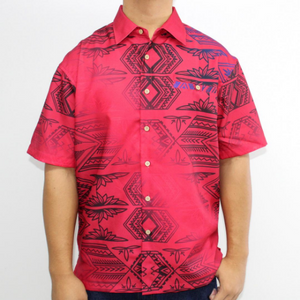 Samoan tattoo design men's button down shirt with pocket black gradient tattoo print on red front side 100% polyester