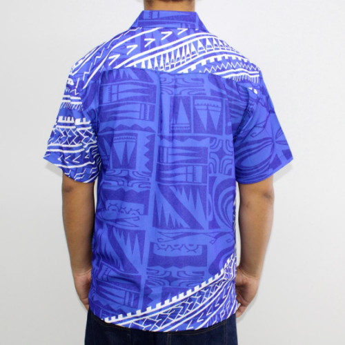 Samoan tattoo design men's button down shirt with pocket in geometric patterns white on blue back side 100% polyester