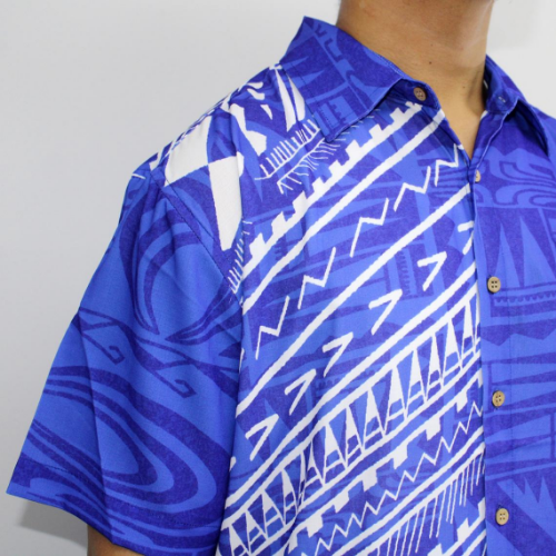 Samoan tattoo design men's button down shirt with pocket in geometric patterns white on blue closeup view 100% polyester