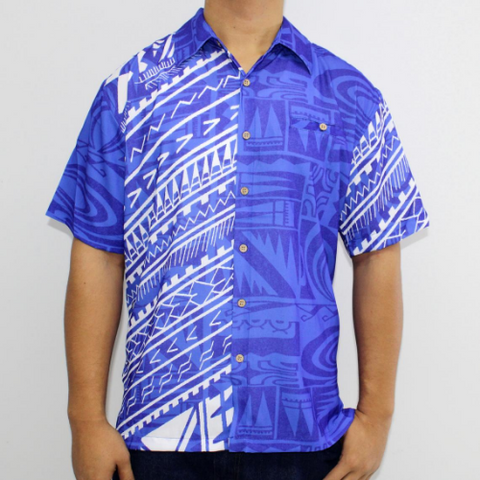 Samoan tattoo design men's button down shirt with pocket in geometric patterns white on blue front side 100% polyester