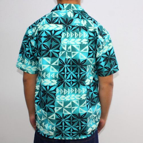 Samoan tattoo design men's button down shirt with pocket in geometric patterns black and turquoise on teal gradient back side 100% polyester
