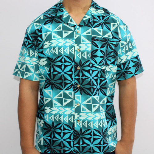 Samoan tattoo design men's button down shirt with pocket in geometric patterns black and turquoise on teal gradient front side 100% polyester