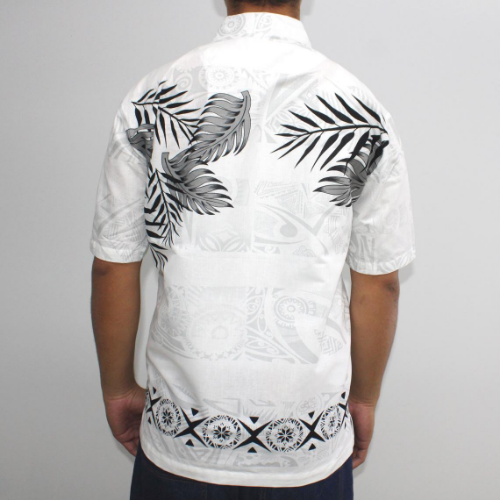 Samoan tattoo design men's button down shirt with pocket black and grey fern leaves on white tattoo print back side 100% polyester