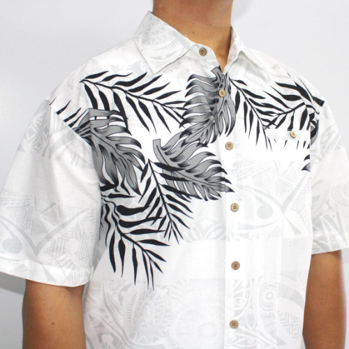 Samoan tattoo design men's button down shirt with pocket black and grey fern leaves on white tattoo print closeup view 100% polyester