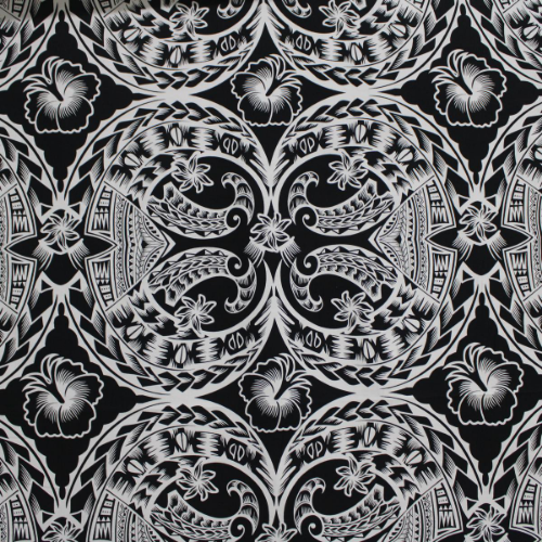 Black and white Samoan tattoo design flowers and geometric patterns printed on 100% cotton fabric