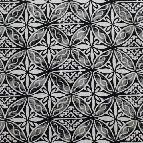 Black and white Samoan tattoo design flowers and geometric patterns printed on 100% cotton fabric