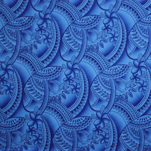 Blue and dark blue Samoan tattoo design flowers and geometric patterns printed on 100% cotton fabric