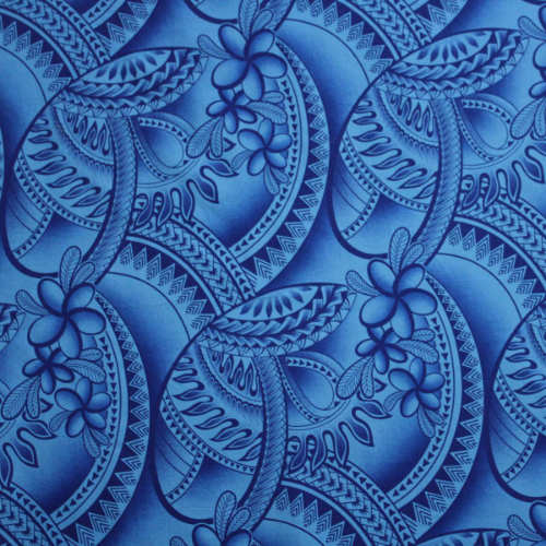 Blue and dark blue Samoan tattoo design flowers and geometric patterns printed on 100% cotton fabric