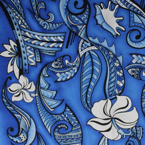 Blue and white Samoan tattoo design with flowers and geometric patterns printed on 100% cotton fabric
