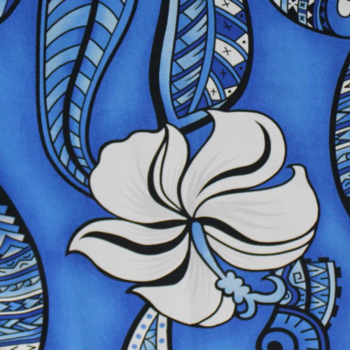 Blue and white Samoan tattoo design with flowers and geometric patterns printed on 100% cotton fabric