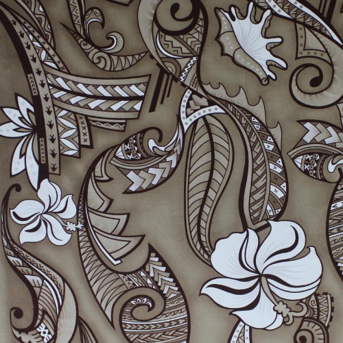 Brown and white Samoan tattoo design with flower, shell and geometric patterns printed on 100% cotton fabric