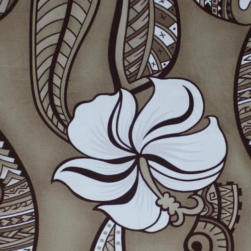 Brown and white Samoan tattoo design with flower, shell and geometric patterns printed on 100% cotton fabric