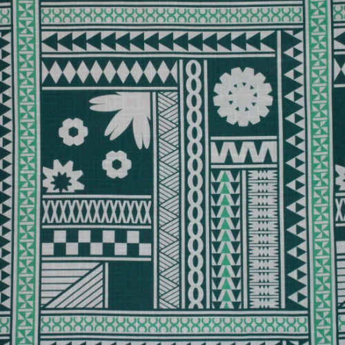 Green and white designs with flower and geometric design on 100% cotton fabric