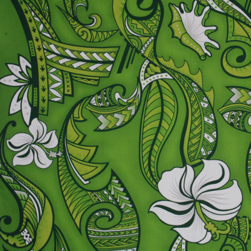 Green and white Samoan tattoo design with flowers and geometric patterns printed on 100% cotton fabric