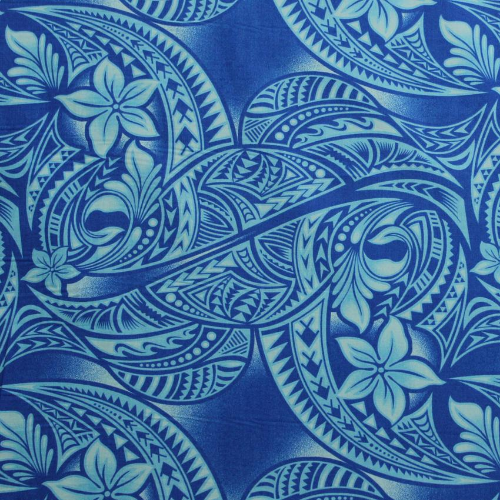 Close up of blue and lightblue Samoan tattoo design flowers and geometric patterns printed on 100% cotton fabric