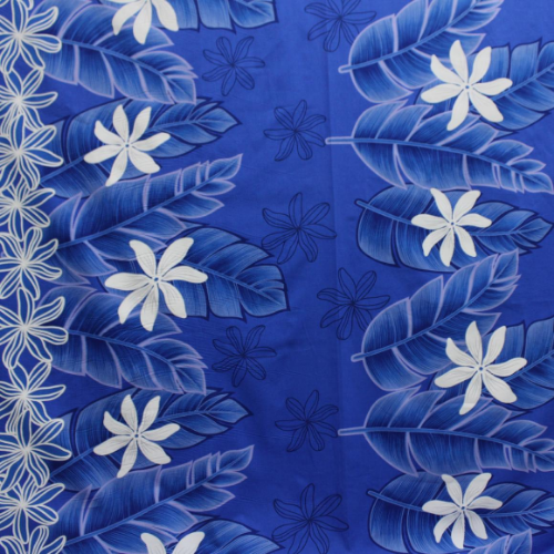 Periwinkle and white Samoan tattoo design flower and leaves printed on 100% cotton fabric
