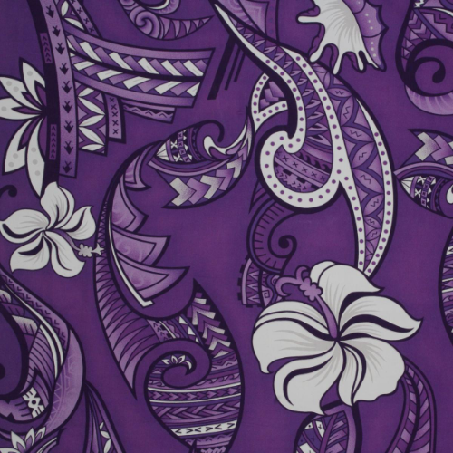 Purple and white Samoan tattoo design with flowers and geometric patterns printed on 100% cotton fabric