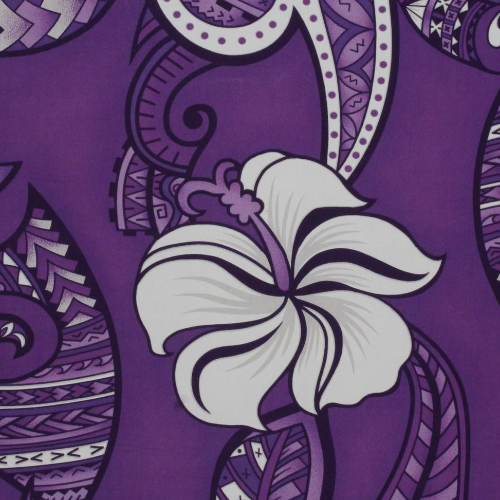 Purple and white Samoan tattoo design with flowers and geometric patterns printed on 100% cotton fabric