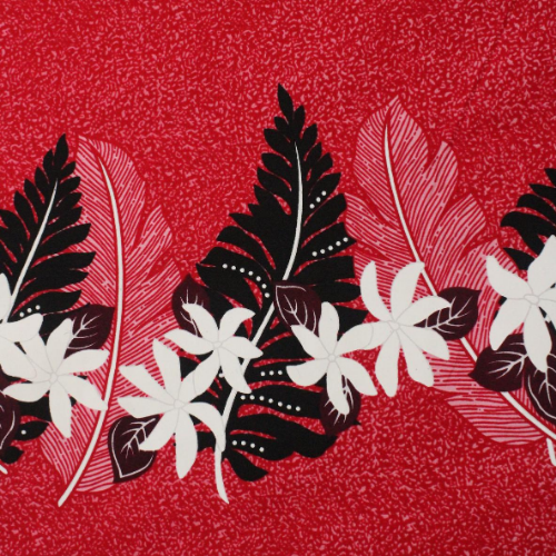Black and white floral designs on red with white polka-dot background on 100% cotton fabric